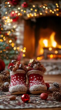 Children shoes filled with small gifts, chocolates, and nuts for St Nicholas Day. Festive decorations, fireplace, and Christmas tree