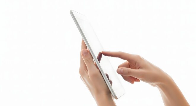 Woman using tablet computer in white environment for digital age - Powered by Adobe