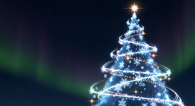Magical Christmas tree with glowing lights at night