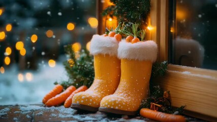 Yellow child boots by the door, filled with carrots for St Nicholas horse. Warm Christmas lights, snowflakes, and decorations in background