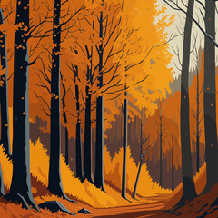 Color field painting style autumn forest path with warm orange foliage