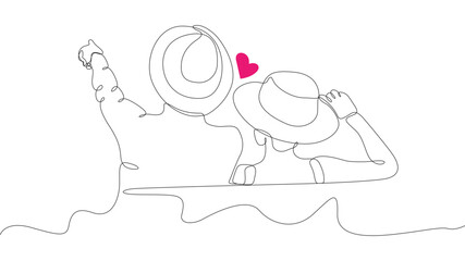 A couple on a staycation one line drawing