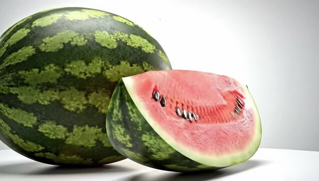 A whole ripe watermelon with a cut slice isolated
