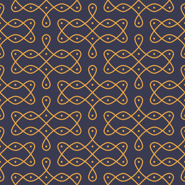Kolam dot seamless pattern from Tamil Nadu. Sikku Kolam interlaced geometric print inspired by Indian folk art and Pongal festival ornaments. Perfect for banners, decor, and greetings.