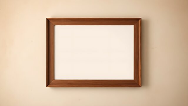 An empty wooden picture frame on a rustic wall, evoking warmth and simplicity in a cozy interior.