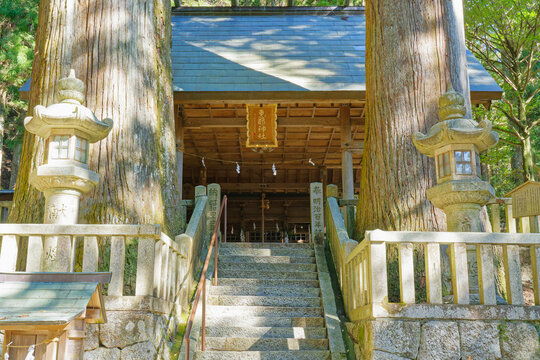Stone steps and stone lanterns leading to the main hall of Ena Shrine between giant cedar trees in Gifu, Japan