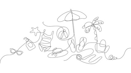 Continuous line seaside resort holiday beach set drawing vector illustration one line drawing
