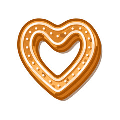 Gingerbread heart cookie illustration with white icing in a cute cartoon style. The design features warm colors and a clean background suitable for festive decoration.