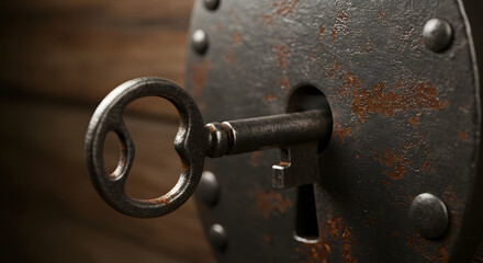 Vintage key inserted into a rusty lock on wooden background  