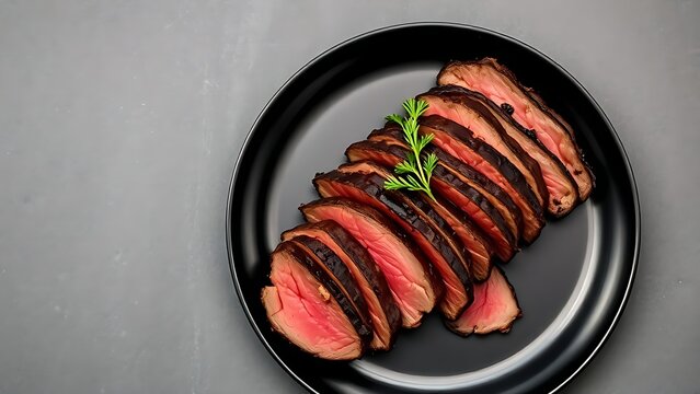 Juicy sliced beef steak on a black plate, showcasing gourmet dining and culinary excellence. - Powered by Adobe