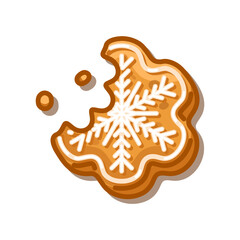 Vector illustration of a bitten gingerbread cookie with white snowflake icing and crumbs on white background.