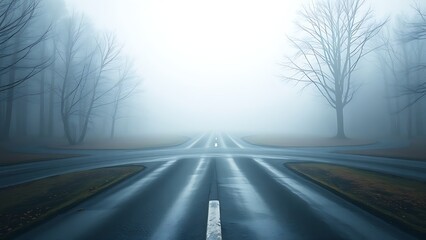 Fototapeta premium An abstract crossroads with two diverging paths in a misty morning, creating a sense of choice.