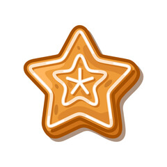 Star-shaped gingerbread cookie with white icing decoration, isolated on white background