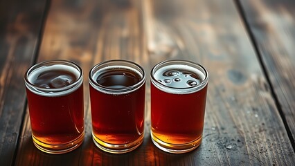 Four amber-hued beverage vessels arranged on a rustic wooden surface with condensation droplets.