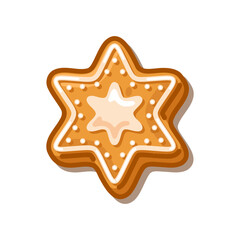 Star-shaped gingerbread cookie with white icing and dotted decoration, isolated on white background