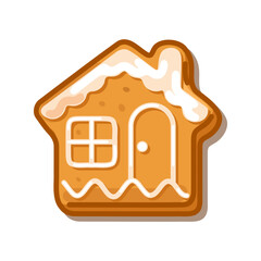 Gingerbread cookie shaped like a house with snowy white icing, festive and cozy, isolated on white background