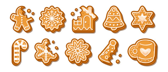 Set of cute gingerbread cookies in festive holiday shapes with icing, including stars, snowflakes, bells, and more