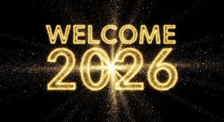 Welcome 2026 golden glitter new year celebration festive design
