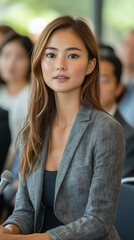 A calm professional woman with long brown hair sits attentively, wearing a business blazer, participating in a formal event.