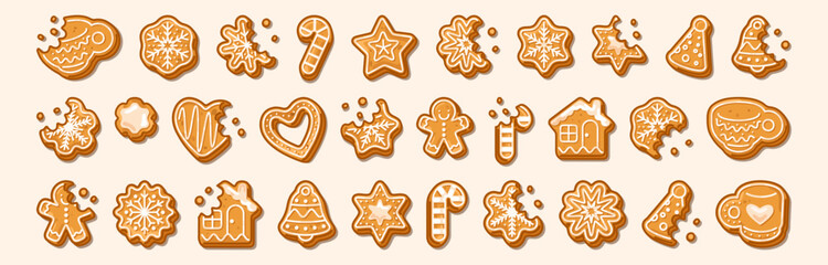 Gingerbread cookie elements, winter treats and sweet holiday icons in a cartoon flat style. Decorative shapes, stars, hearts, snowflakes, houses and candies arranged on a soft background.