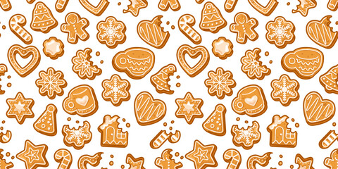 Gingerbread cookies, stars, hearts, cups, bells, candy shapes arranged in a cozy seamless pattern with winter holiday vibes