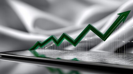 Chart with a green arrow line moving upwards over a digital tablet screen, symbolizing business success, investment growth, financial gains, and positive economic development