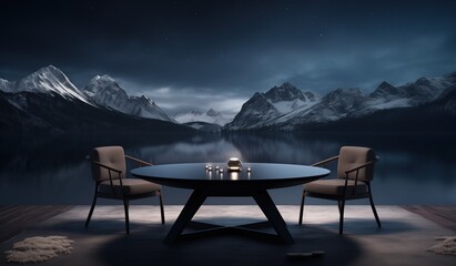 Circular dining table with two chairs against snow-capped mountains and calm waters under moonlight, minimalist wide-angle luxury design.