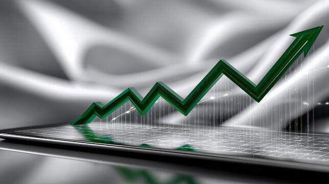 Chart with a green arrow line moving upwards over a digital tablet screen, symbolizing business success, investment growth, financial gains, and positive economic development - Powered by Adobe