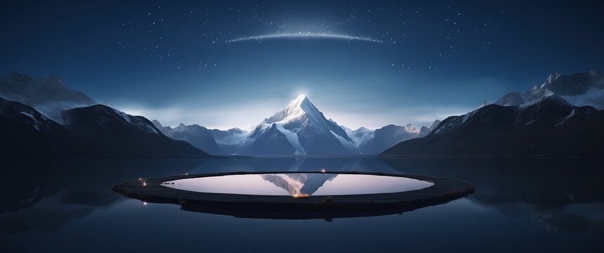 Surreal landscape with snow-capped mountains under night sky and an ethereal floating circular platform reflecting in still water. - Powered by Adobe