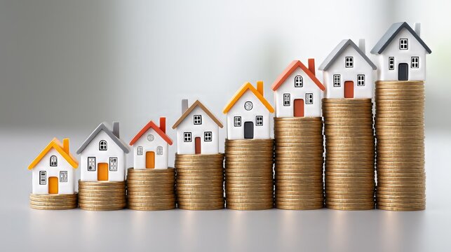 Model houses standing on increasing stacks of gold coins, depicting rising real estate property prices, housing market growth, investing, wealth accumulation, and mortgage finance