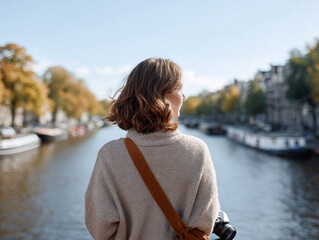 A woman with a camera gazes at a canal, capturing the essence of travel, adventure, and exploration. Ideal for travel blogs, photography sites, and lifestyle content.