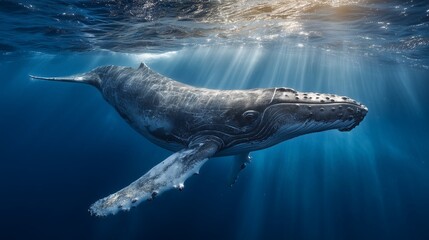 Fototapeta premium A breathtaking, hyperrealistic underwater photograph of a majestic Humpback whale (Megaptera novaeangliae) gracefully swimming through crystal-clear, deep blue oceanic waters
