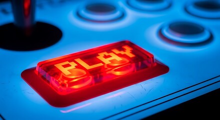 Red illuminated play button on blue arcade machine representing game culture and interactive entertainment for game playing and leisure activity equipment