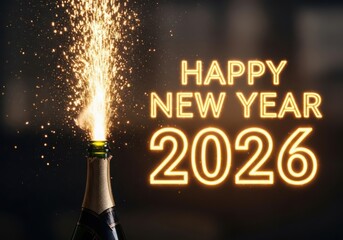 Happy new year 2026 celebration with sparkling champagne bottle