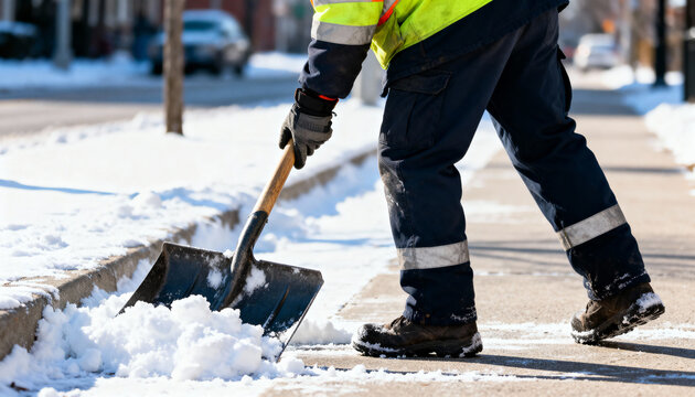 Worker cleans snow from the sidewalk with a shovel in winter.