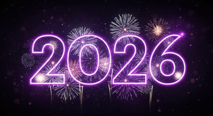 Year 2026 glowing purple numbers with festive fireworks display