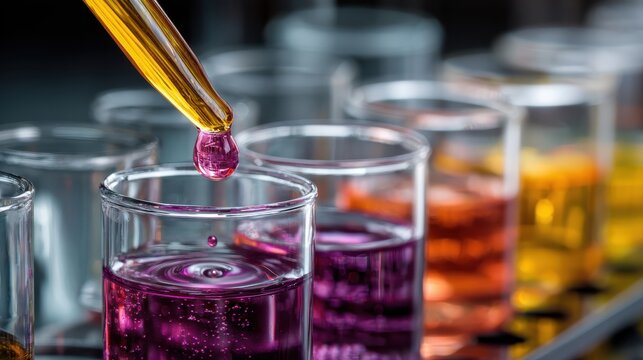 Colorful Liquid Experiments in Laboratory Beakers with Vivid Drops and Chemical Reactions Captured in Close-Up Photography - Powered by Adobe