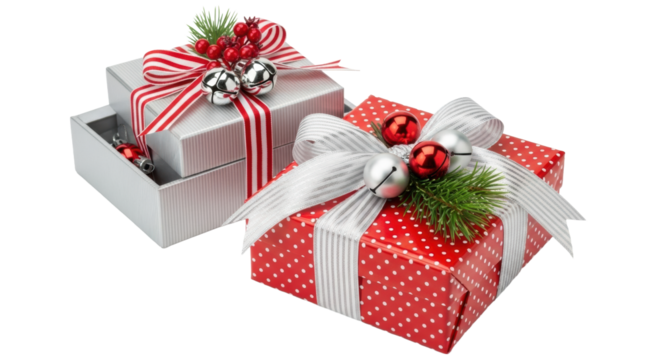 Two beautifully wrapped festive gift boxes, red and silver, with ribbons, pine, and berries on a bright white studio background, high-key lighting. Thoughtful giving concept