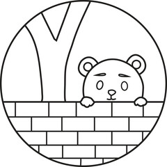 Cute Cartoon Bear Peeking Over Brick Wall in Circular Frame Line Art Drawing