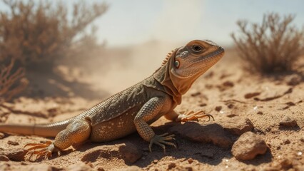Fototapeta premium Desert reptile, scales and ridges, basks in sunlight on arid ground, dusty wind