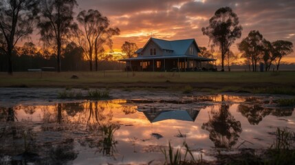 Fototapeta premium Country House at Sunset with Beautiful Reflection in Water