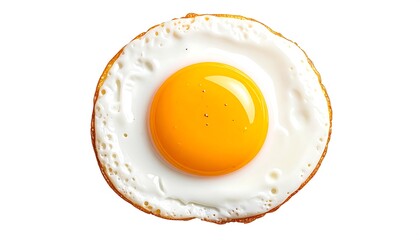 Overhead shot of a fried egg with a bright orange yolk on white