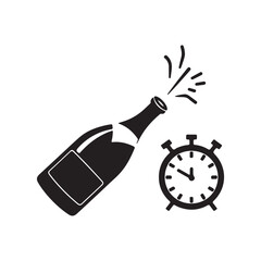 Champagne Bottle and Countdown Clock Silhouette &ndash; New Year Celebration Icon