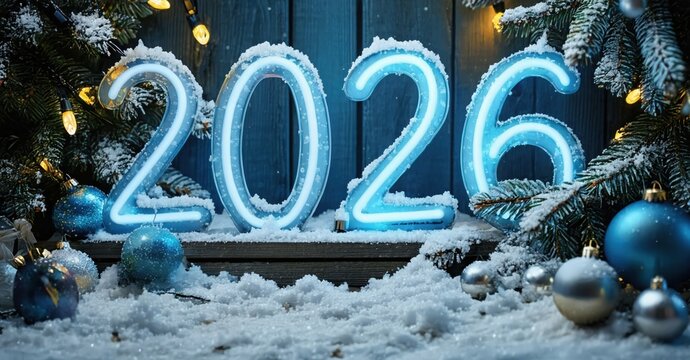 Bright neon numbers display year 2026. Festive scene includes snow, ornaments, fir branches, warm lights. Winter holiday celebration.