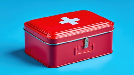 Bright Red First Aid Kit on Blue Background Offering Essential Medical Supplies in a Sturdy Container for Safety and Emergency Preparedness