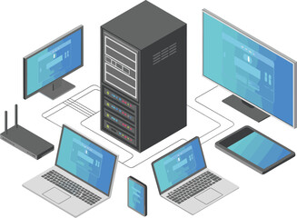 Computer network, data server, cloud storage, isometric technology, digital communication, internet connection, IT infrastructure, data center, system architecture, cybersecurity