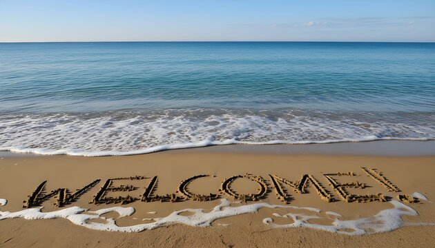 The word 'WELCOME!' written in the wet sand on a beautiful beach with gentle ocean waves.