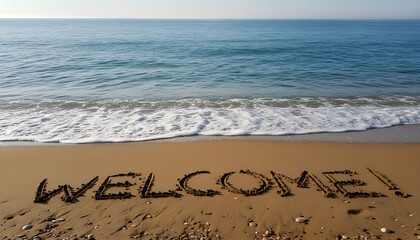 The word WELCOME written in the sand on a beautiful beach with gentle waves from the sea washing ashore.