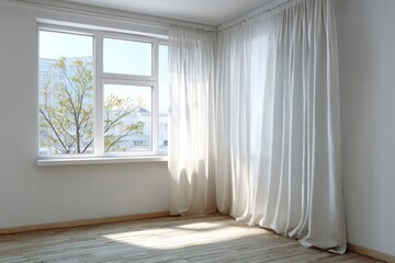 Bright interior space featuring a clean window with sheer white drapery and wooden flooring