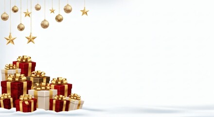 Festive gift boxes with gold stars on white background.